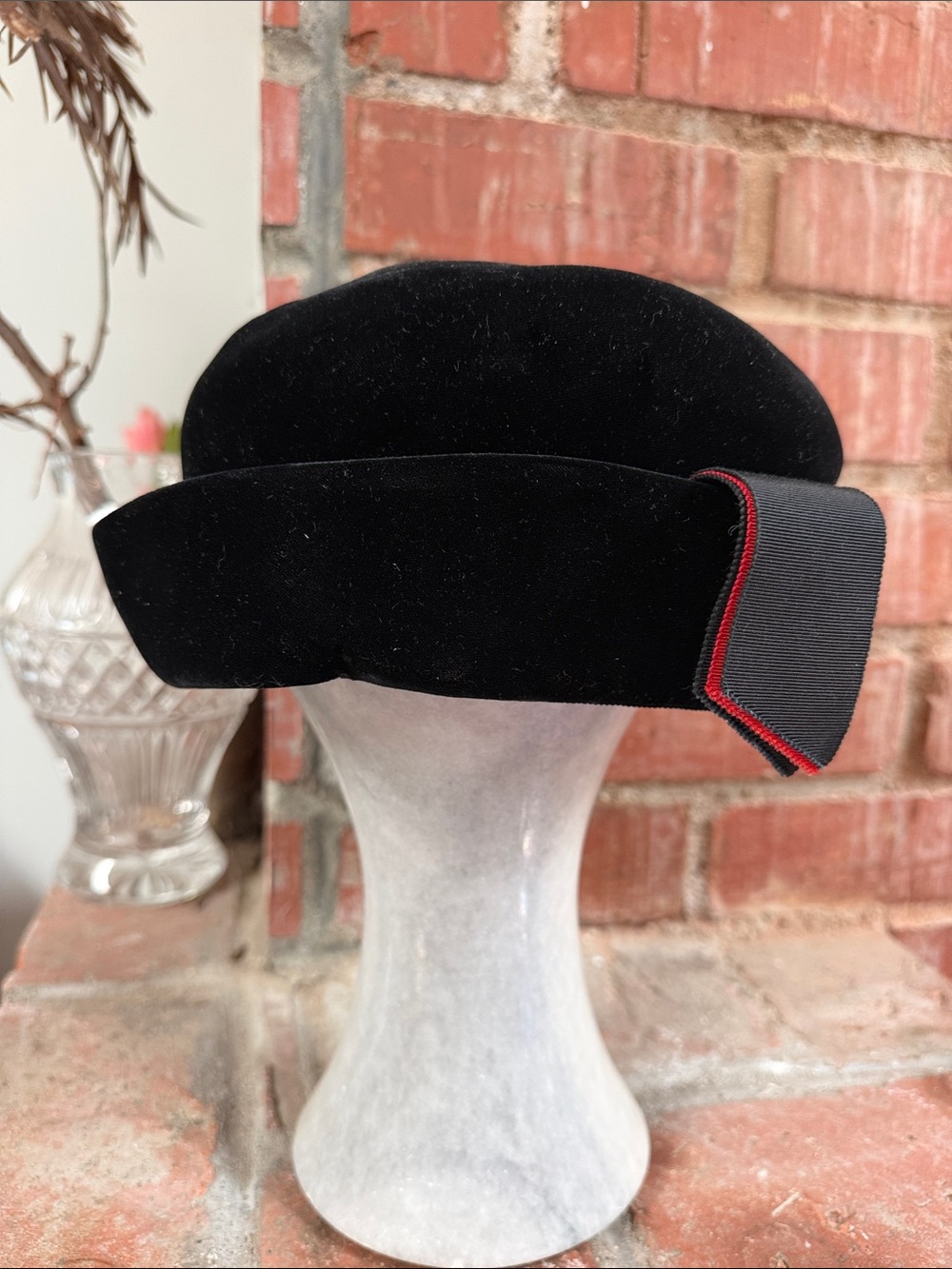 Vintage Black Velvet Pillbox Hat with Red-Trim Ribbon
